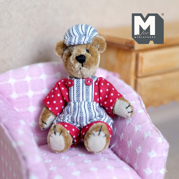 Miniature Plush Mama Bear with Hat and Overalls 1:12 Dollhouse Bear and Dungarees with Flexible Limbs 2-3/4 inch tall (from WMB) - H047