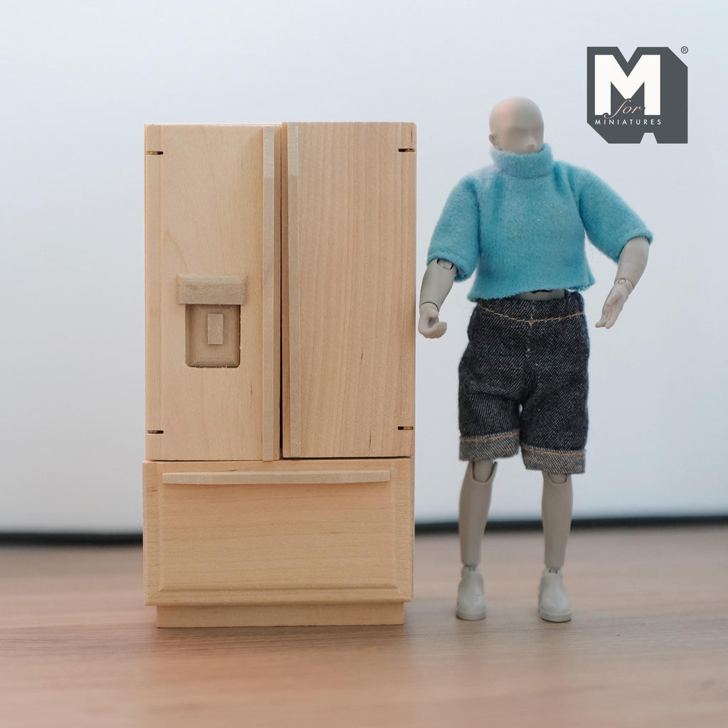 1:12 Scale Miniature Unpainted Modern Refrigerator, 2 Doors and Freezer Drawer, 5-3/8 inch tall, DIY Dollhouse Supply (wood)