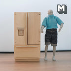 1:12 scale miniature unpainted wood modern refrigerator with 2 doors and freezer drawer, shown beside a jointed figure