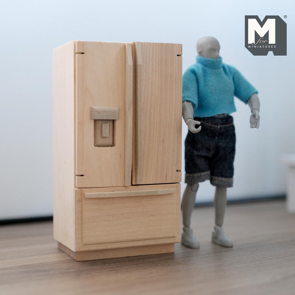 1:12 Scale Miniature Unpainted Modern Refrigerator, 2 Doors and Freezer Drawer, 5-3/8 inch tall, DIY Dollhouse Supply (wood)