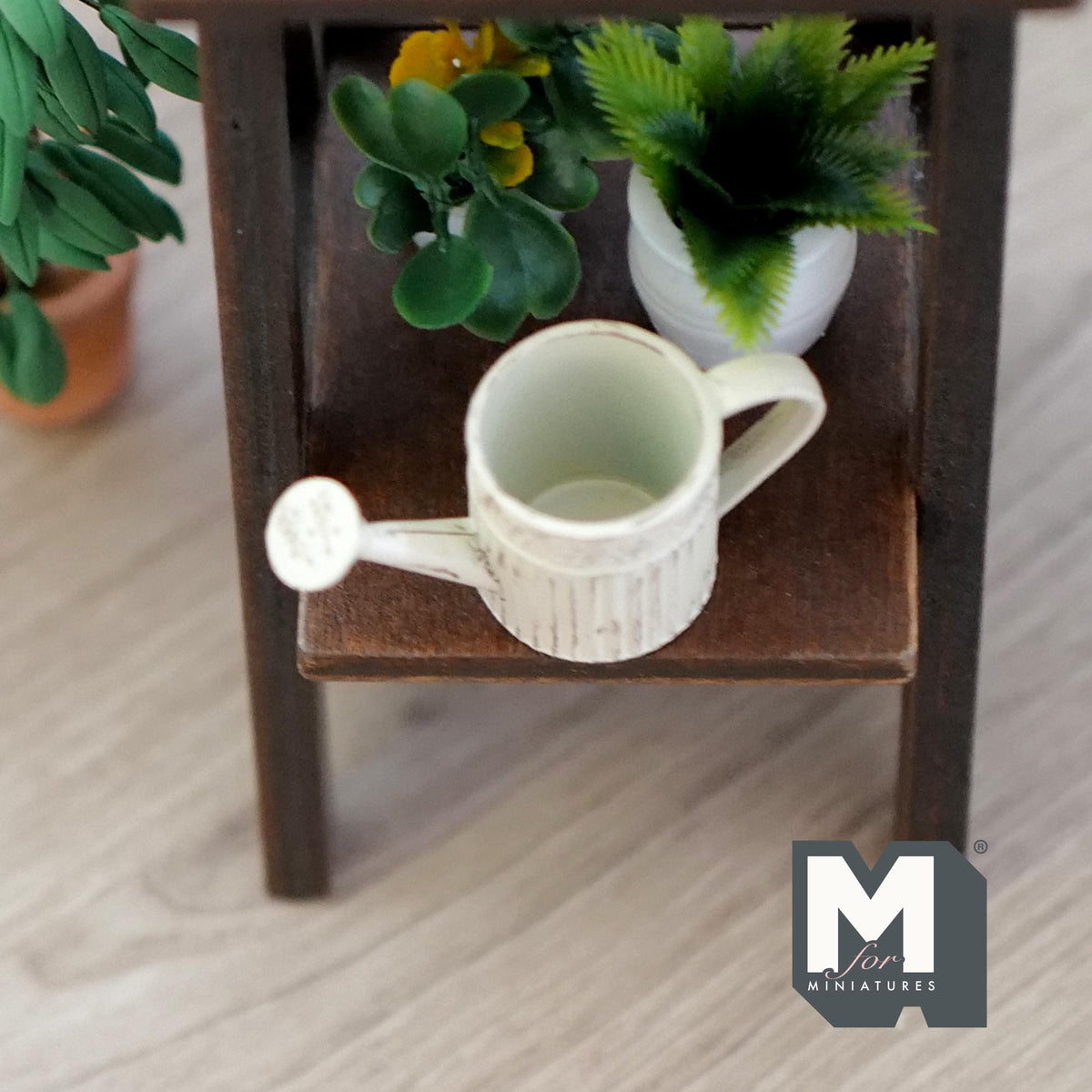 1:12 Scale Miniature Metal Round Watering Can, Rustic Label, 13/16 inch tall, DIY Dollhouse Supply (beige)
