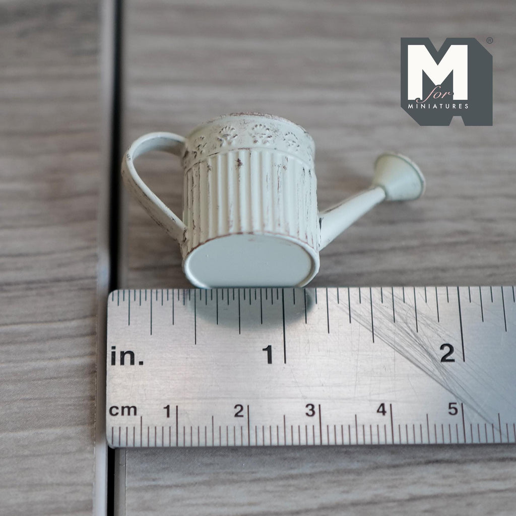 1:12 Scale Miniature Metal Round Watering Can, Rustic Label, 13/16 inch tall, DIY Dollhouse Supply (beige)