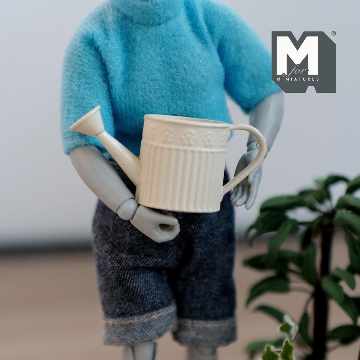 1:12 Scale Miniature Metal Round Watering Can, Ribbed Body, 13/16 inch tall, DIY Dollhouse Supply (cream)