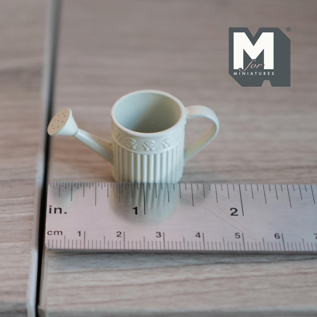 1:12 Scale Miniature Metal Round Watering Can, Ribbed Body, 13/16 inch tall, DIY Dollhouse Supply (cream)