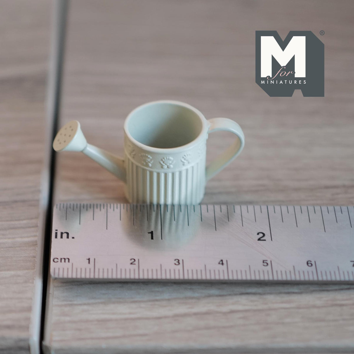 1:12 Scale Miniature Metal Round Watering Can, Ribbed Body, 13/16 inch tall, DIY Dollhouse Supply (cream)
