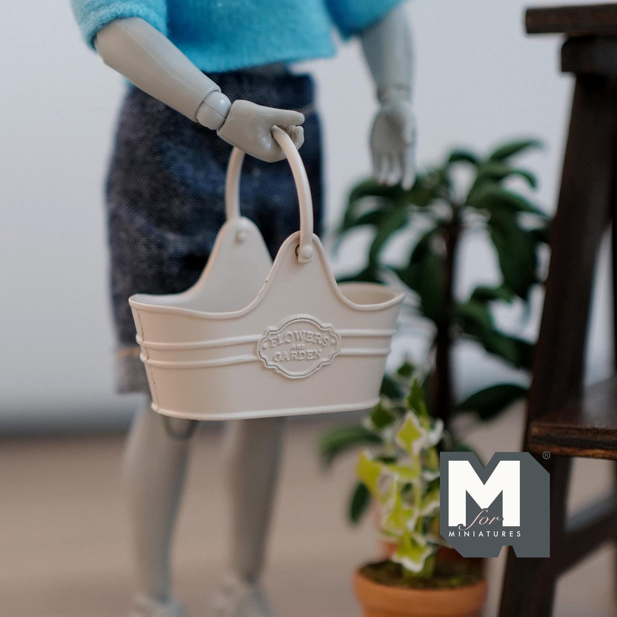 1:12 Scale Miniature Metal Flower Basket with Arched Handle, 1-5/8 inch long, DIY Dollhouse Supply (beige)