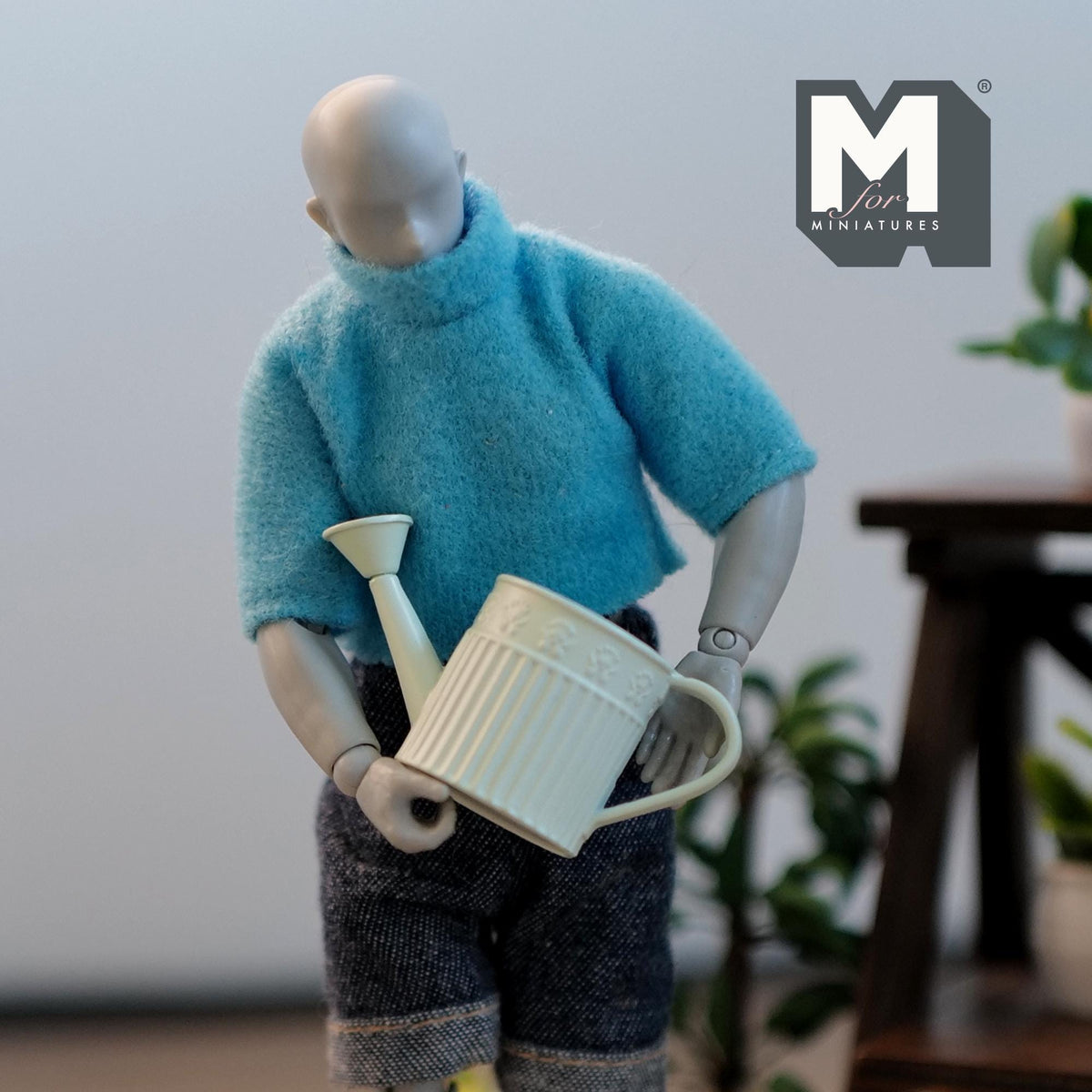 1:12 Scale Miniature Metal Round Watering Can, Ribbed Body, 13/16 inch tall, DIY Dollhouse Supply (light green)