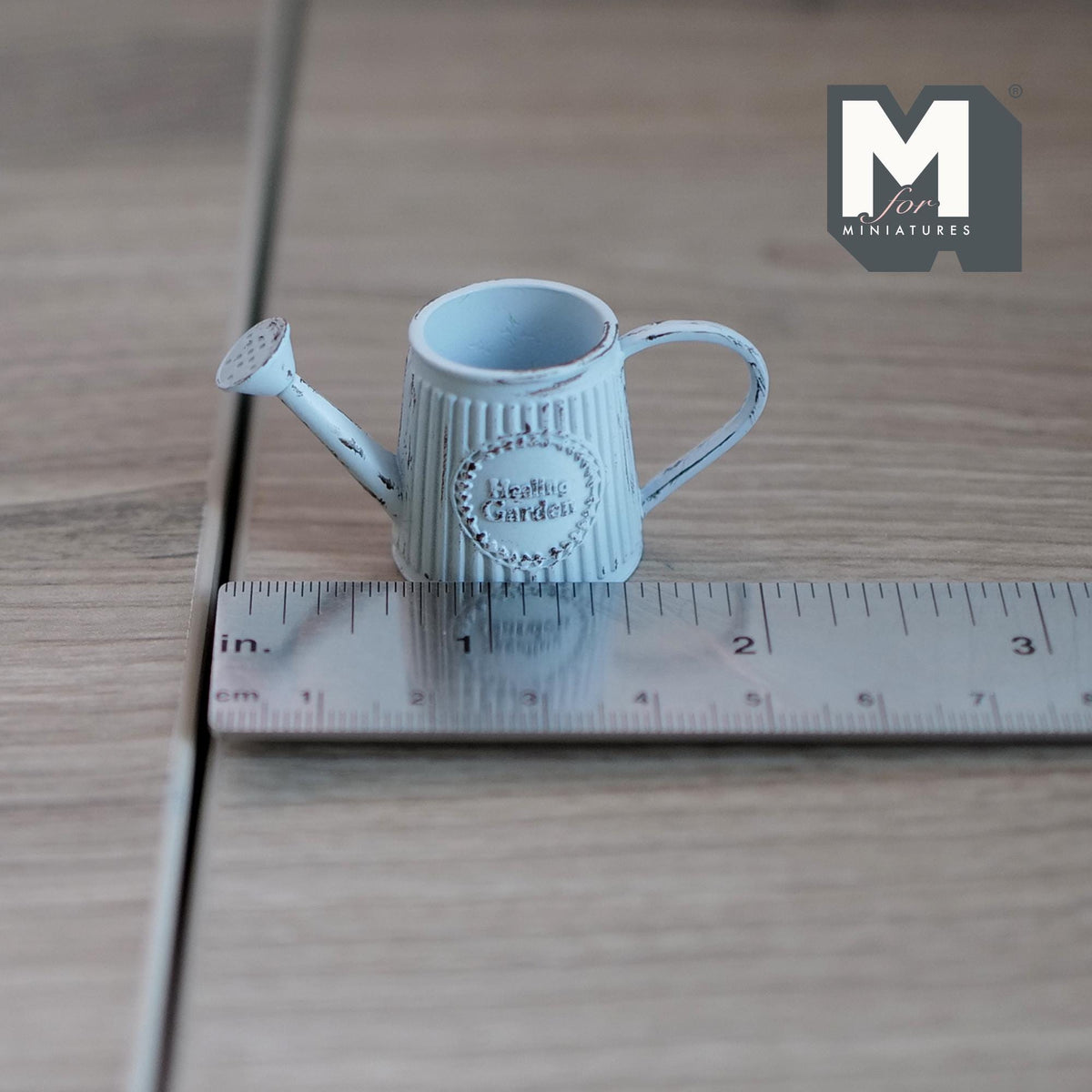 1:12 Scale Miniature Metal Slanted Watering Can, Rustic Label, 15/16 inch tall, DIY Dollhouse Supply (light blue)