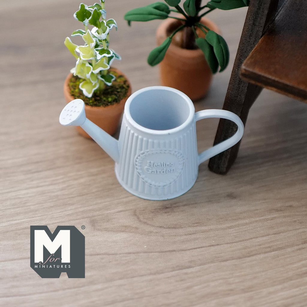 1:12 Scale Miniature Metal Slanted Watering Can, Embossed Pattern, 15/16 inch tall, DIY Dollhouse Supply (light blue)