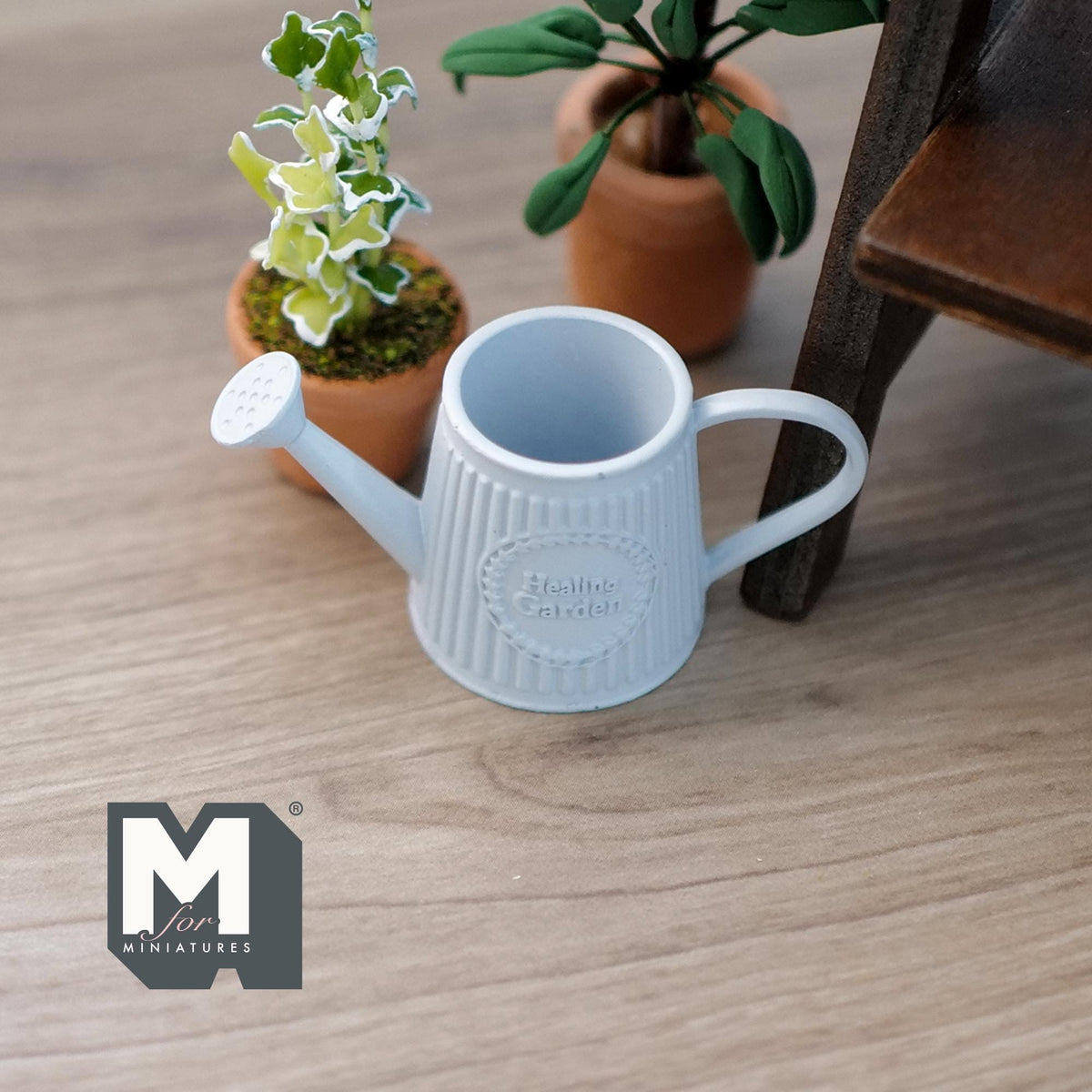 1:12 Scale Miniature Metal Slanted Watering Can, Embossed Pattern, 15/16 inch tall, DIY Dollhouse Supply (light blue)