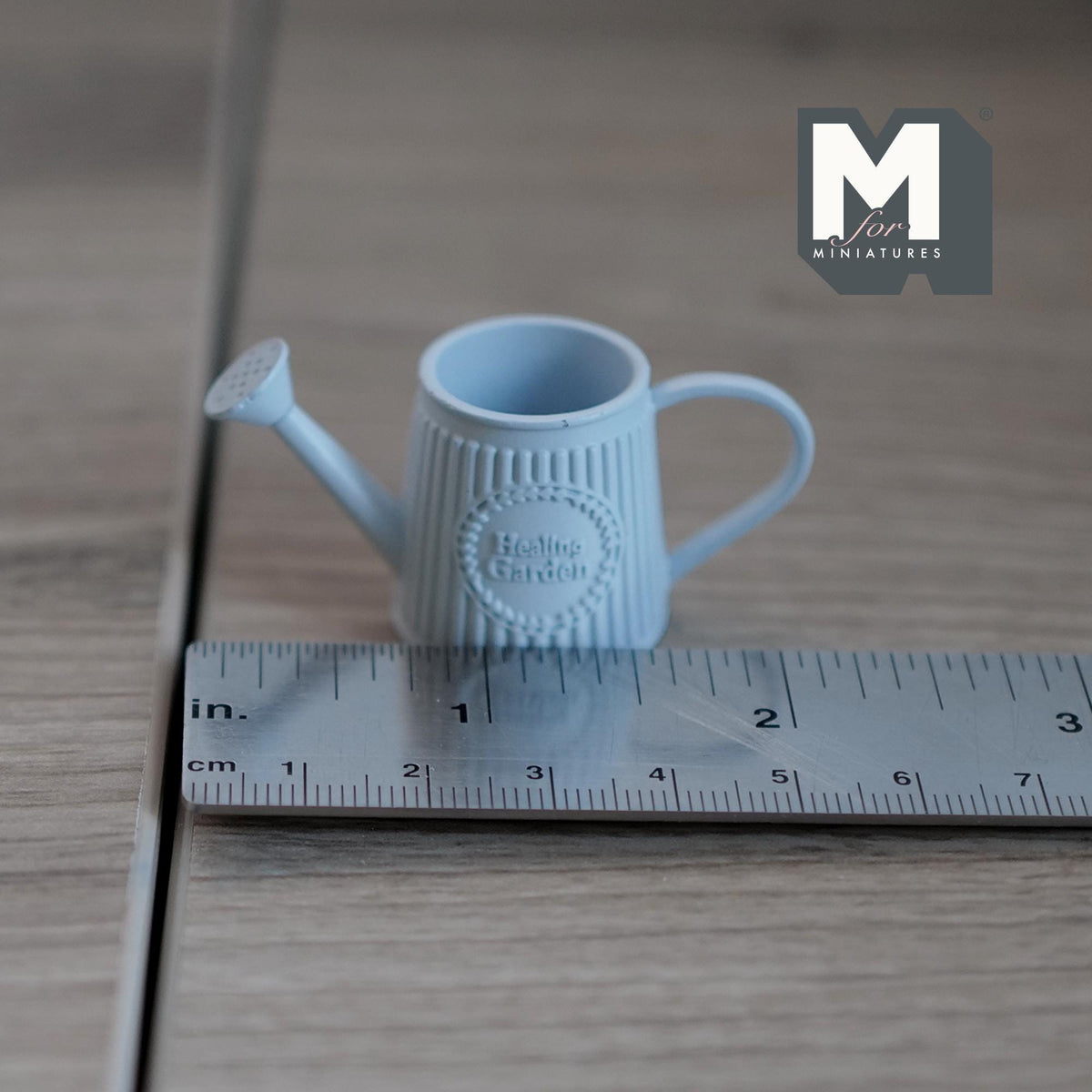 1:12 Scale Miniature Metal Slanted Watering Can, Embossed Pattern, 15/16 inch tall, DIY Dollhouse Supply (light blue)