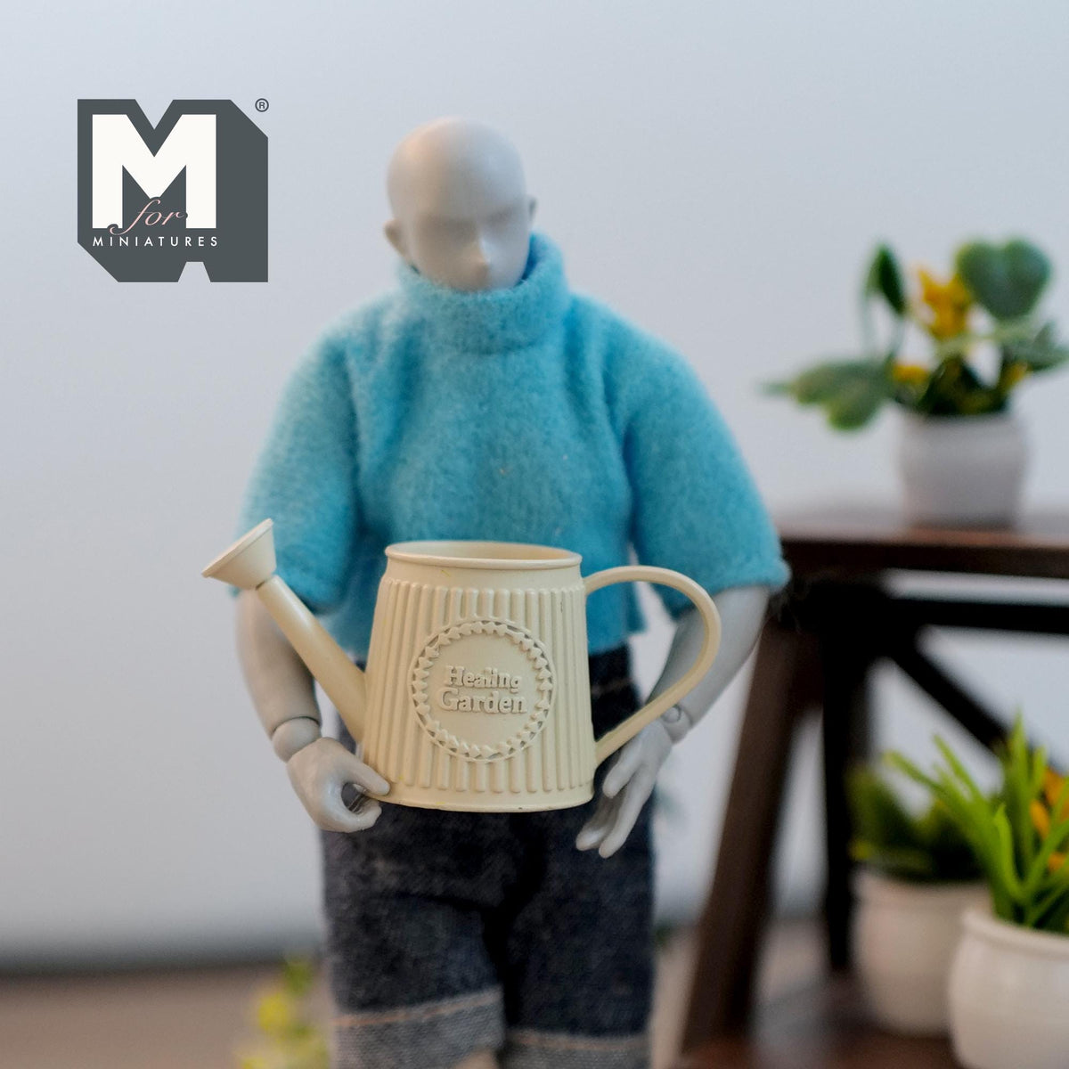 1:12 Scale Miniature Metal Slanted Watering Can, Ribbed Body, 15/16 inch tall, DIY Dollhouse Supply (beige)