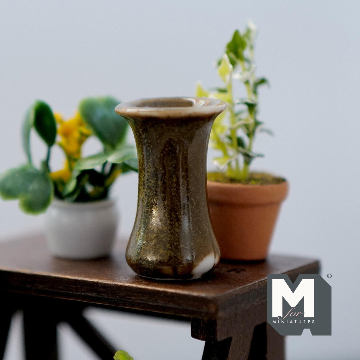 1:12 Scale Miniature Ceramic Flower Vase, Flared Top and Base, 1-5/16 inch tall, DIY Dollhouse Supply (brown)