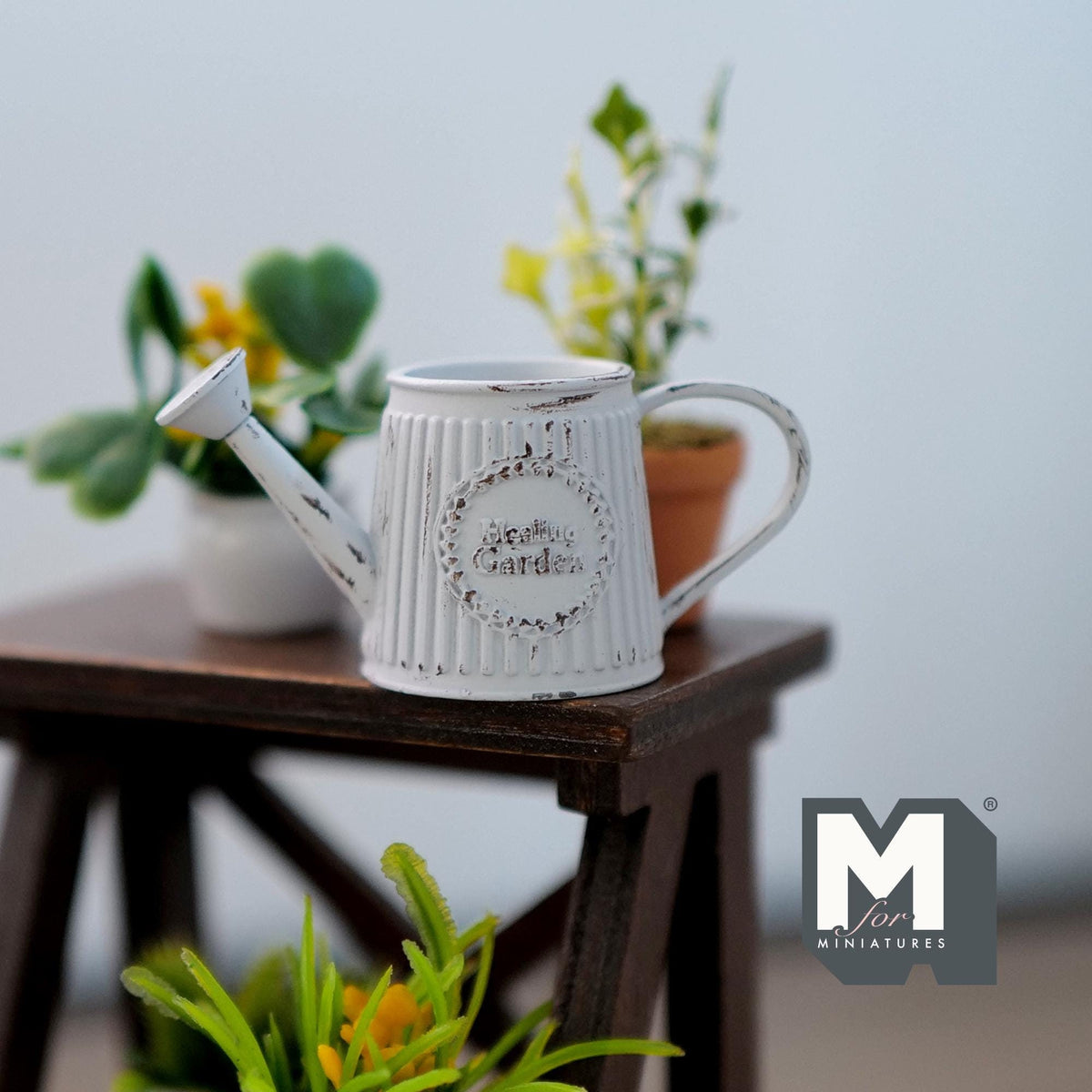 1:12 Scale Miniature Metal Slanted Watering Can, Rustic Label, 15/16 inch tall, DIY Dollhouse Supply (light blue)