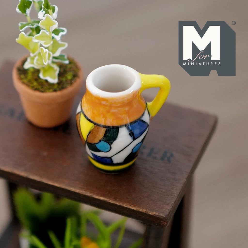 1:12 Scale Miniature Ceramic Jug Vase with Handle, Abstract Pattern, 1-1/4 inch tall, DIY Dollhouse Supply (orange)
