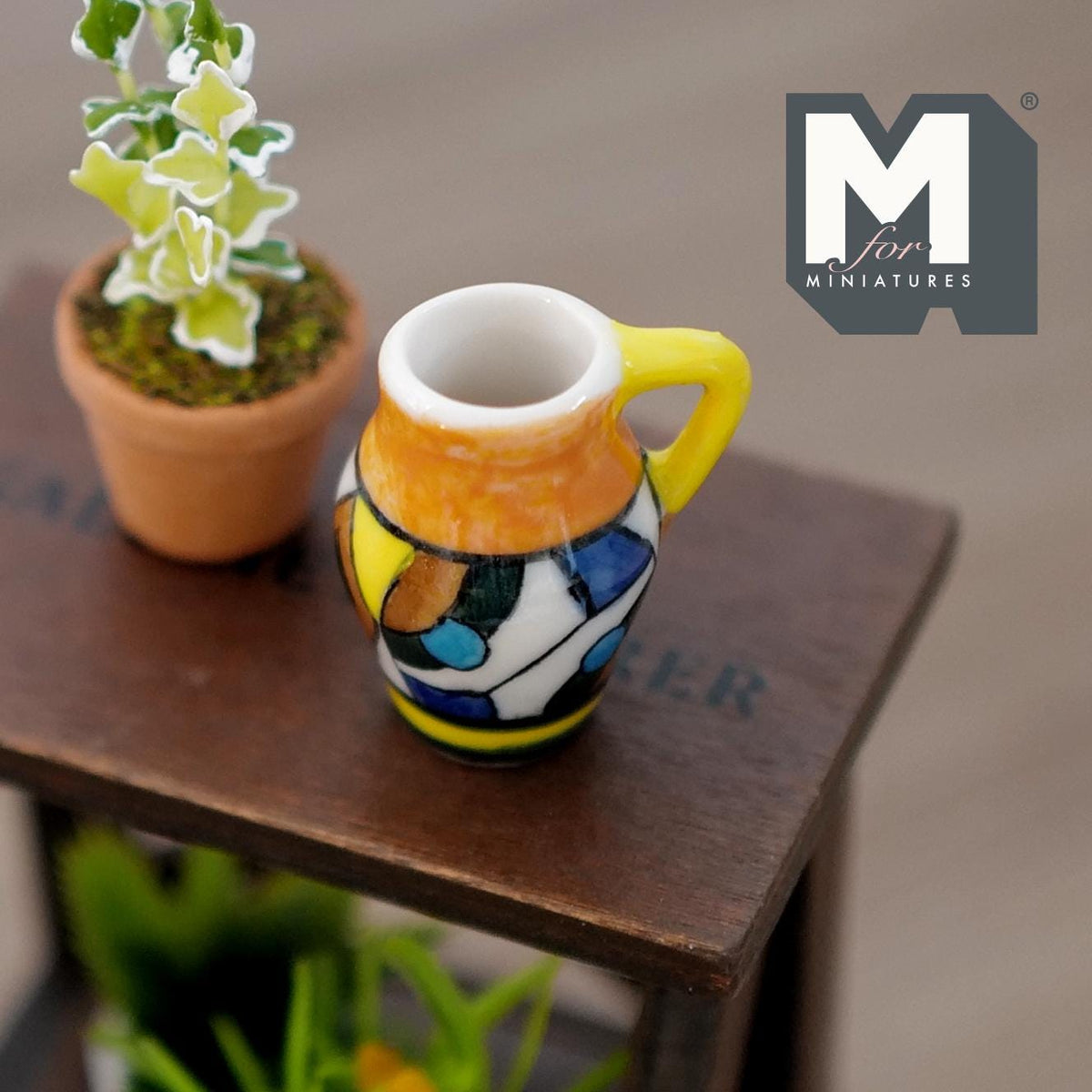 1:12 Scale Miniature Ceramic Jug Vase with Handle, Abstract Pattern, 1-1/4 inch tall, DIY Dollhouse Supply (orange)