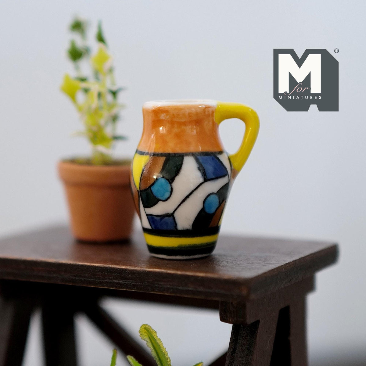 1:12 Scale Miniature Ceramic Jug Vase with Handle, Abstract Pattern, 1-1/4 inch tall, DIY Dollhouse Supply (orange)