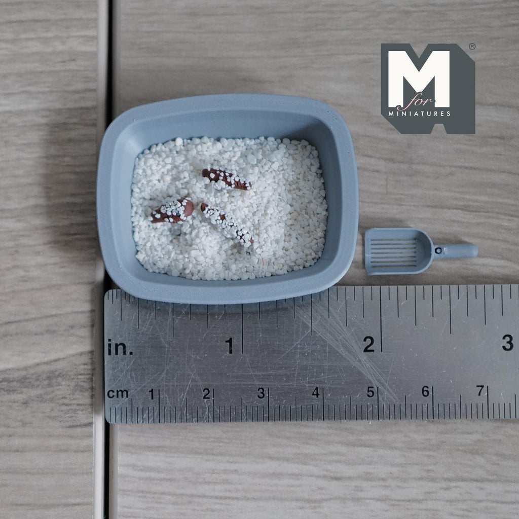1:12 Scale Miniature Cat Litter Box with Scoop, Litter and Poop, Set of 4, 1-7/8 inch long, DIY Dollhouse Supply