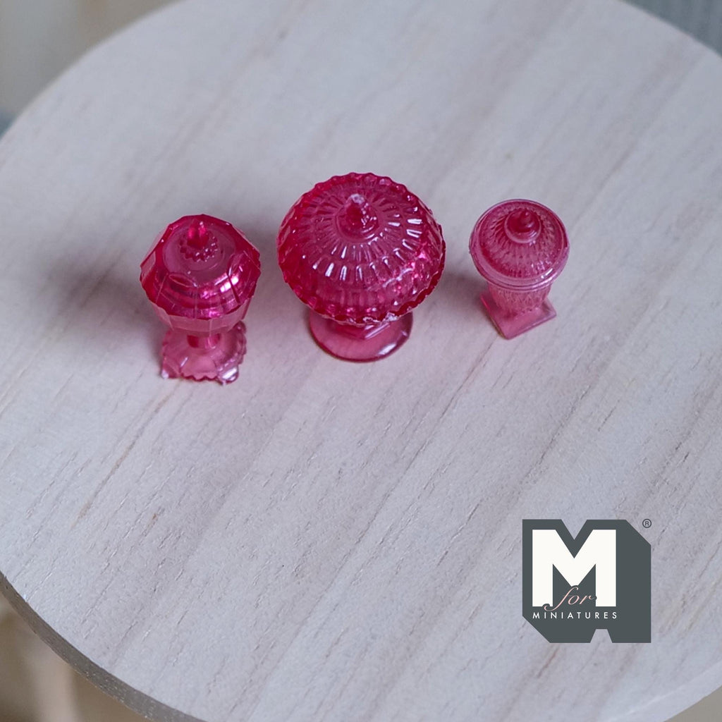 1:12 Scale Miniature Footed Candy Dishes with Lids, Set of 3, 13/16 inch tall, DIY Dollhouse Supply (magenta)