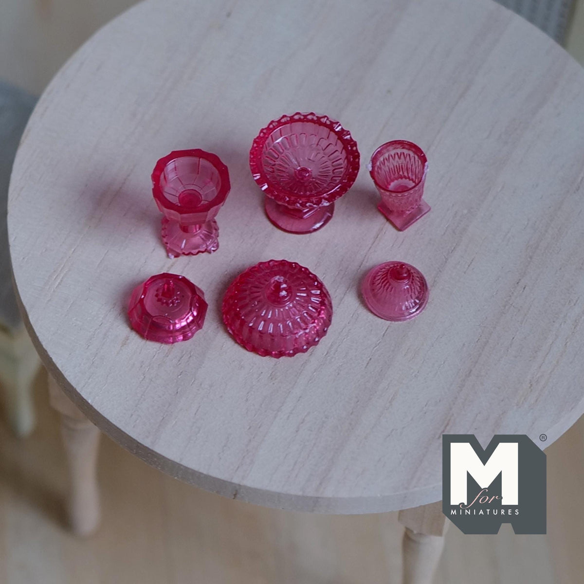 1:12 Scale Miniature Footed Candy Dishes with Lids, Set of 3, 13/16 inch tall, DIY Dollhouse Supply (magenta)
