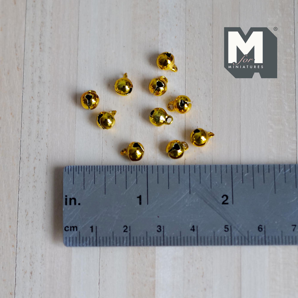 1:12 Scale Miniature Jingle Bells, Set of 10, Metal Globe Bells with Loop, 1/4 inch Diameter, DIY Dollhouse Supply (gold tone)