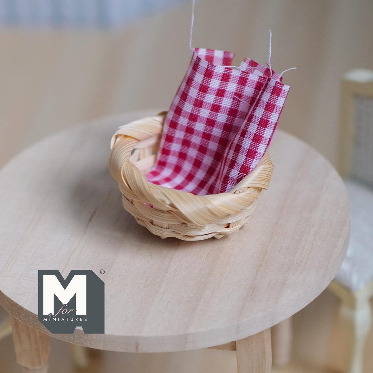 1:12 Scale Miniature Bamboo Woven Basket with Gingham Cloth, 1-5/8 inch dia., DIY Dollhouse Supply