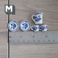 Miniature Ceramic Tea Cups and Jug Set 1:12 Scale Dollhouse Tea Accessories Set of 5 (dark blue) - A052