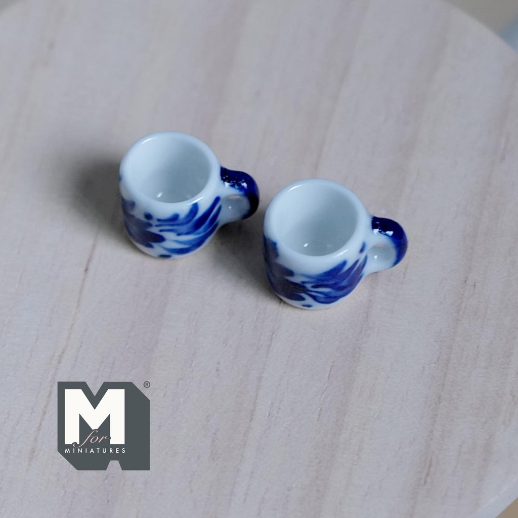 1:12 Scale Miniature Ceramic Coffee Mugs, Set of 2, 1/2 inch tall, DIY Dollhouse Supply (blue floral)
