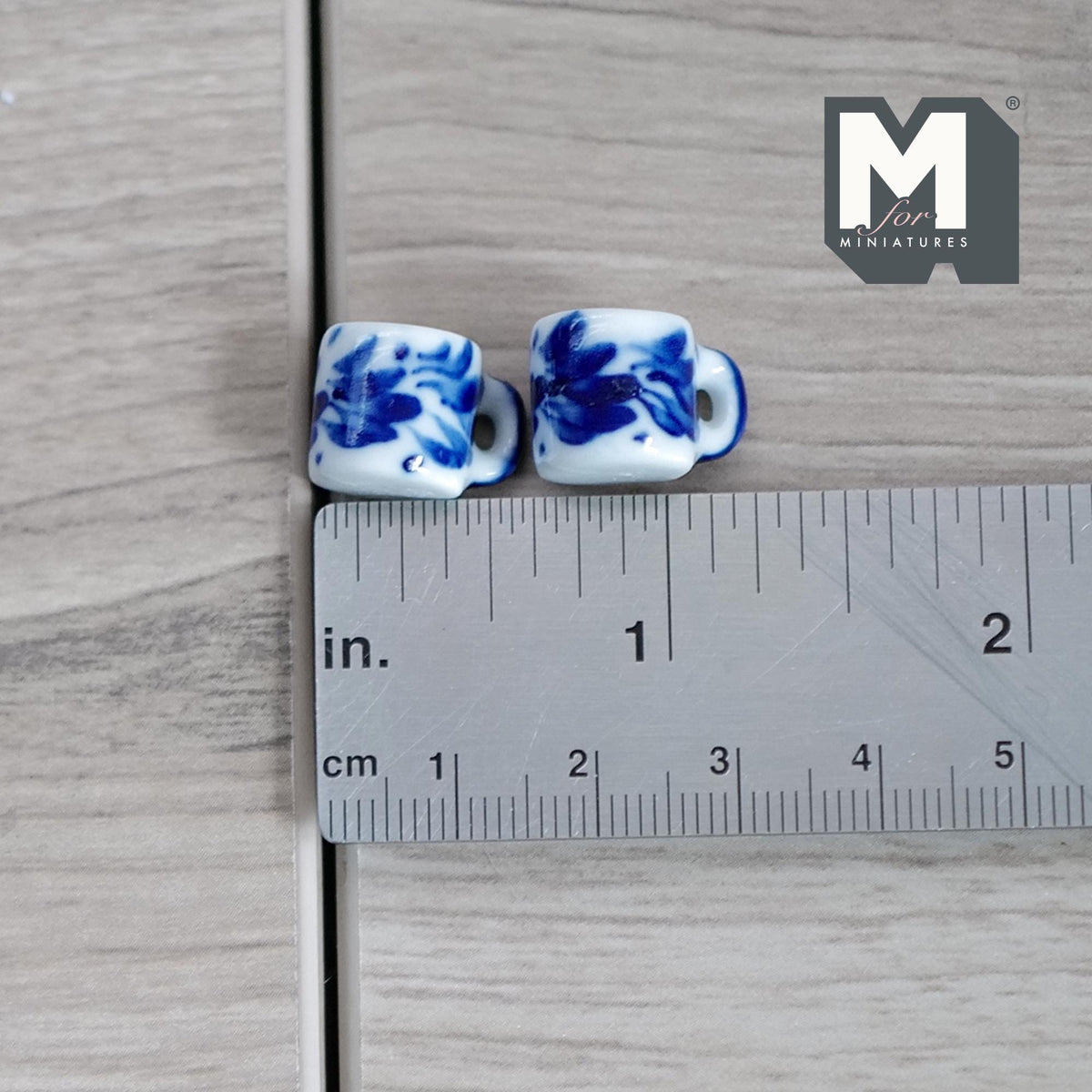1:12 Scale Miniature Ceramic Coffee Mugs, Set of 2, 1/2 inch tall, DIY Dollhouse Supply (blue floral)