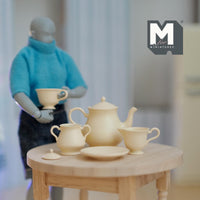 Miniature Metal Teapot and Cups Set 1:6 Scale Dollhouse Kitchenware Teapot Milk Jug Saucer Cup and Plates (beige) - A035