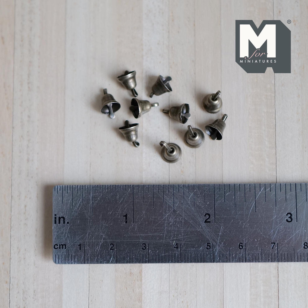 1:12 Scale Miniature Christmas Bells, Set of 10, Metal Bell Charms with Loop, 1/4 inch Diameter, DIY Dollhouse Supply (antique bronze)
