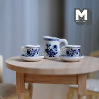 Miniature Ceramic Tea Cups and Jug Set 1:12 Scale Dollhouse Tea Accessories Set of 5 (dark blue) - A052