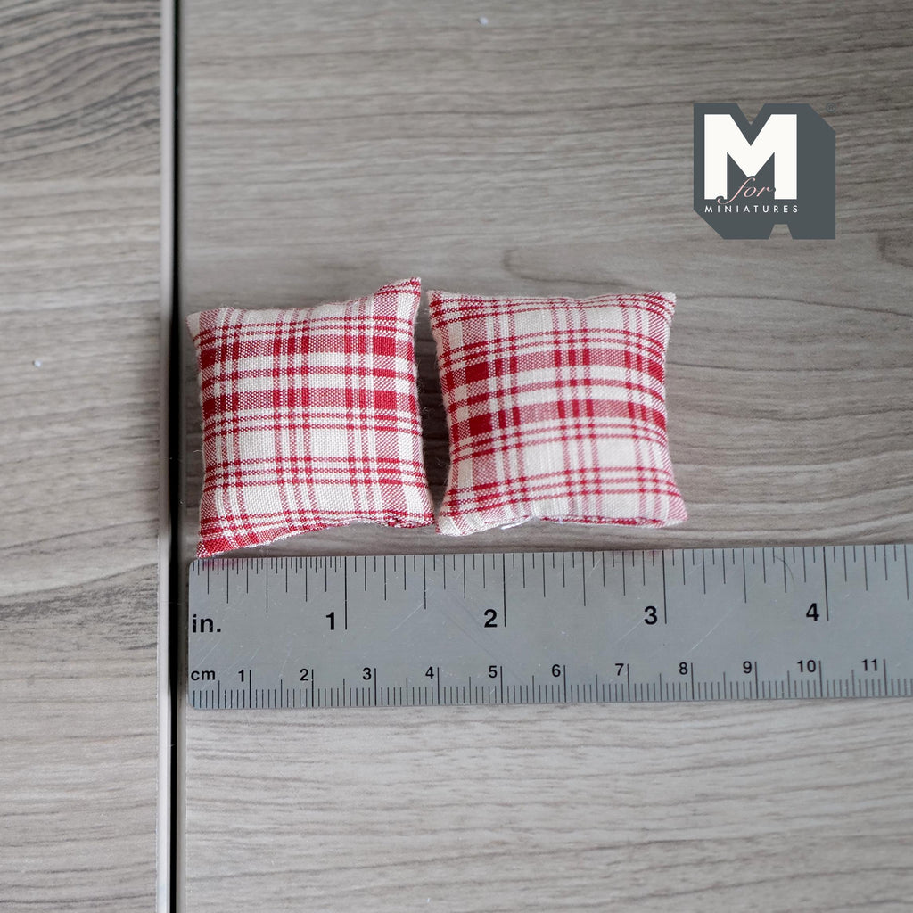 1:12 Scale Miniature Fabric Square Cushions, Set of 2, 1-9/16 inch wide, DIY Dollhouse Supply (red plaid)