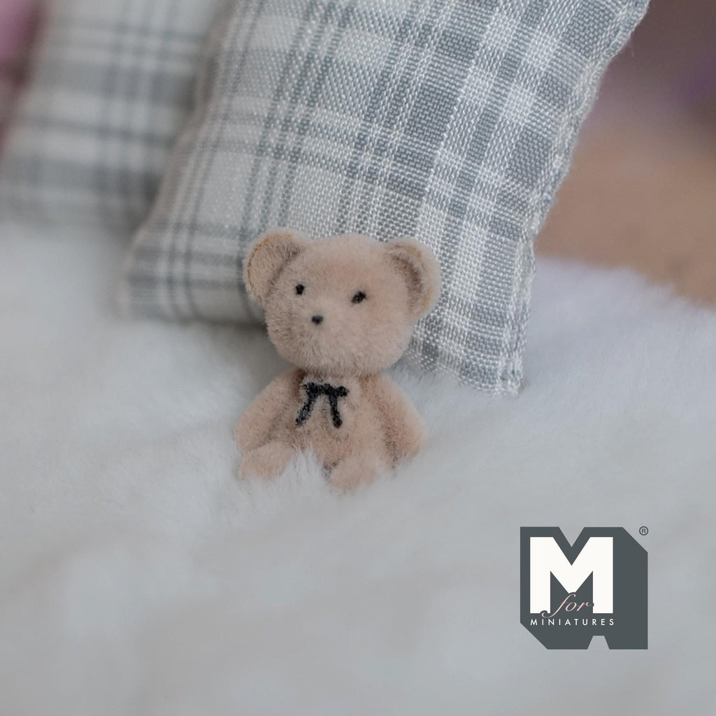 1:12 Scale Miniature Bear Cub Doll with Bow Tie, 13/16 inch tall, DIY Dollhouse Supply (flocked skin) (beige)