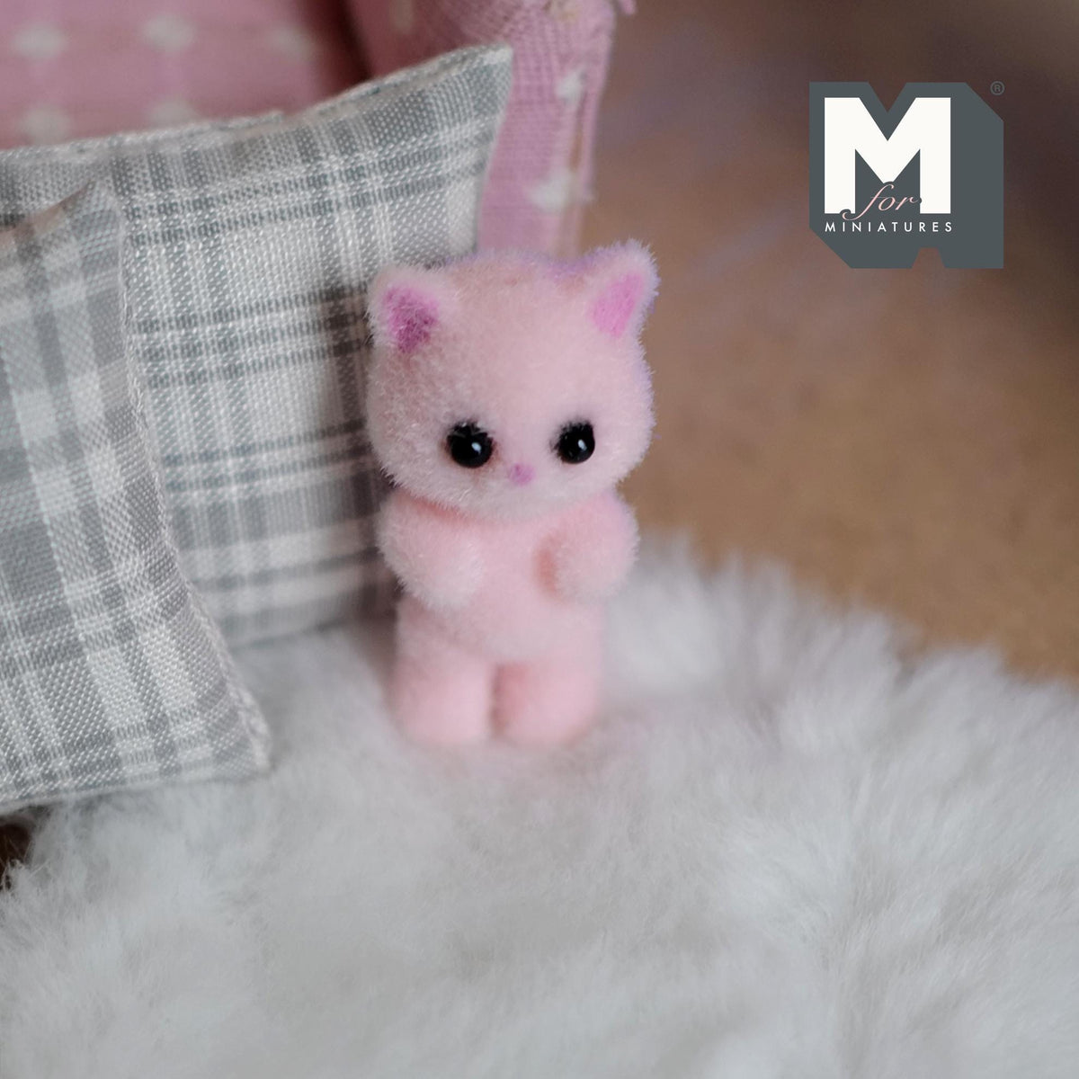 1:12 Scale Miniature Kitty Cat Doll, 1-5/16 inch tall, DIY Dollhouse Supply (flocked skin) (pink)