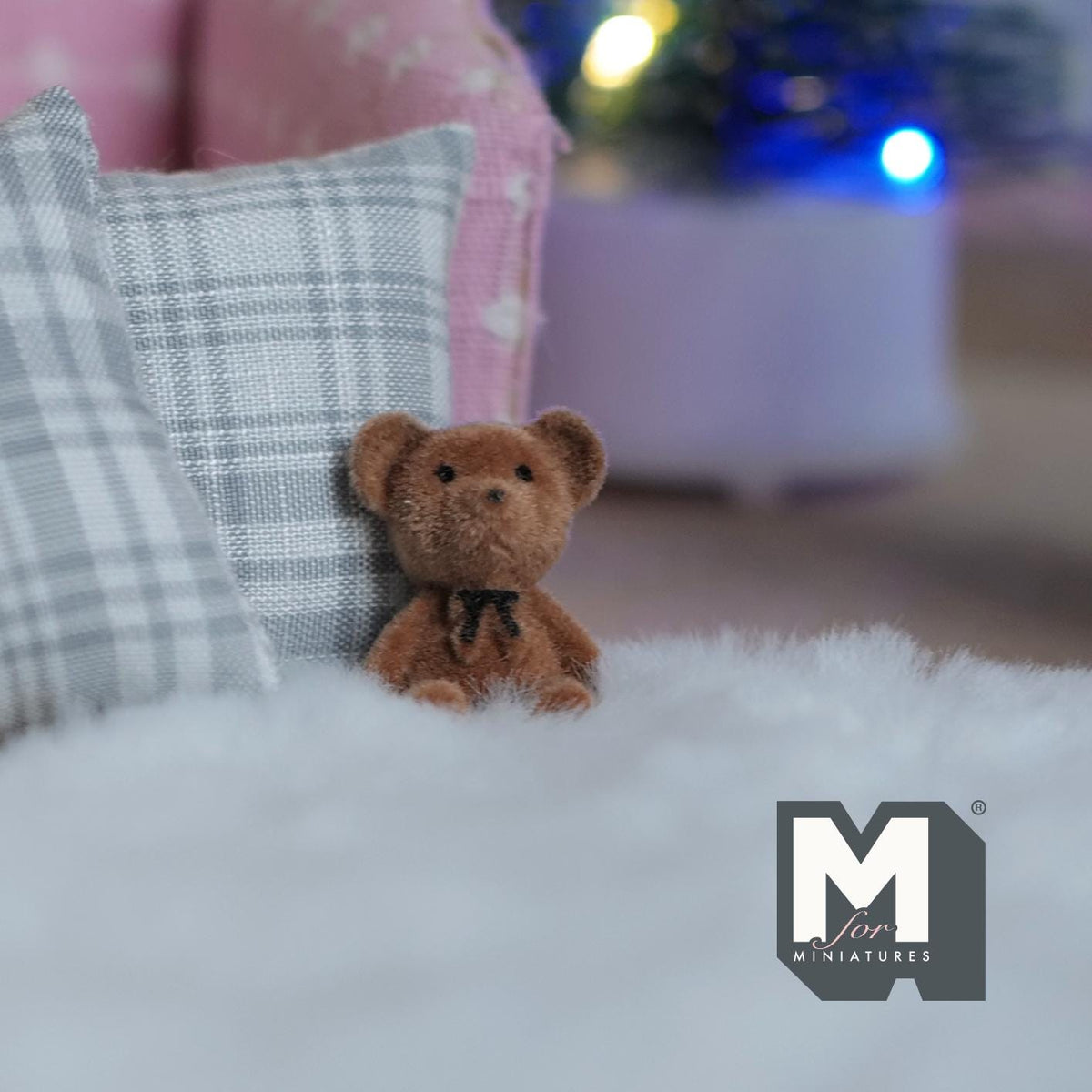 1:12 Scale Miniature Bear Cub Doll with Ribbon Bow, Seated, 13/16 inch tall, DIY Dollhouse Supply (flocked skin) (dark brown)