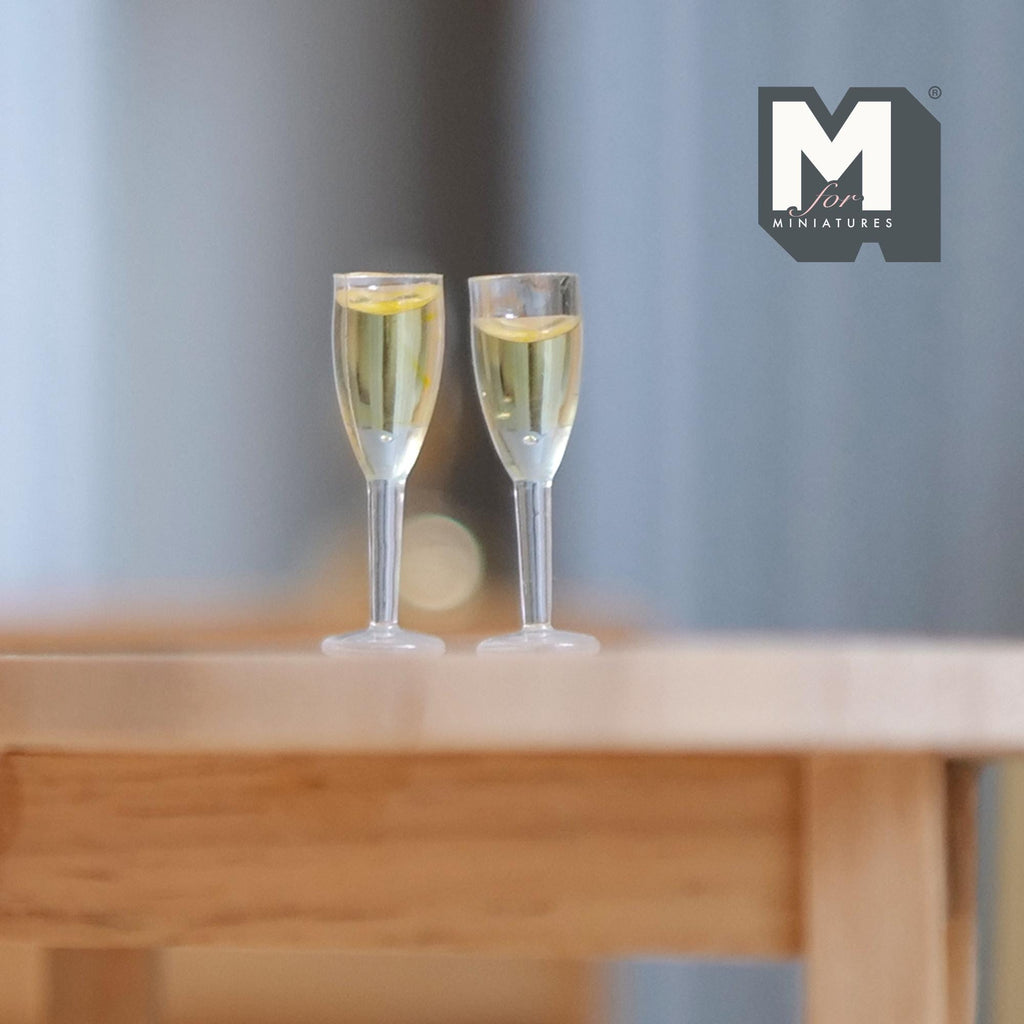 Miniature Sparkling Wine Glasses 1:12 Scale Dollhouse Supplies White Wine Set of 2 , 7/8 inch tall  - E084
