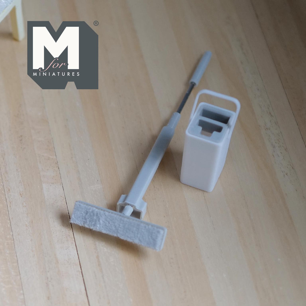 1:12 Scale Miniature Flat Floor Mop and Bucket, Set of 2, 4-1/4 inch long, DIY Dollhouse Supply (white)