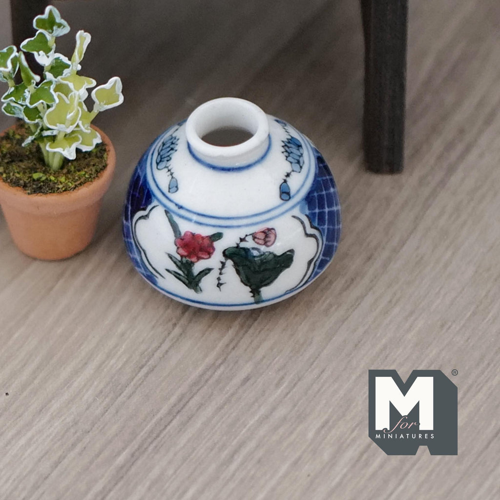 1:12 Scale Miniature Ceramic Globular Vase, Blue and Red Floral Pattern, Large Size, 1-5/16 inch dia., DIY Dollhouse Supply