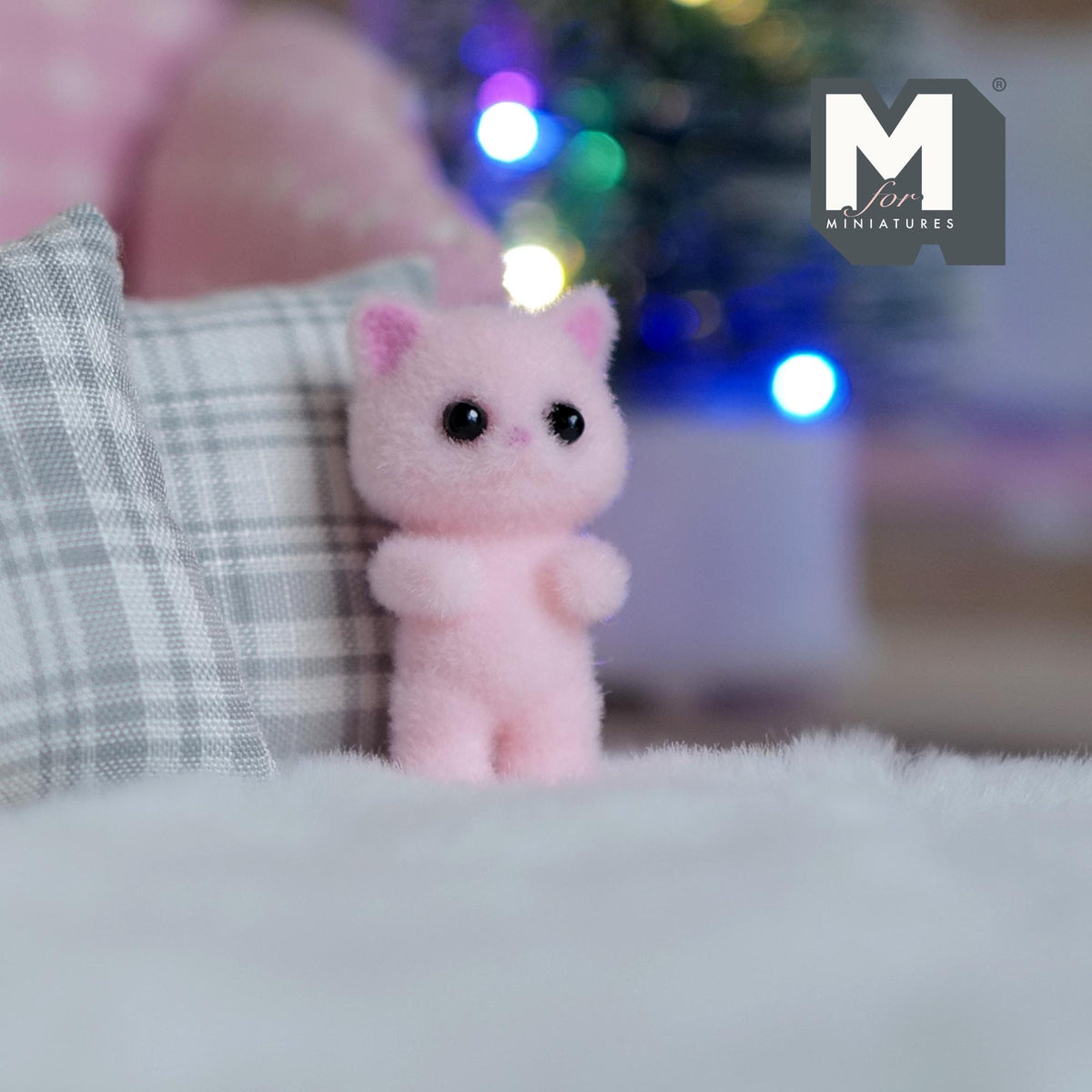 1:12 Scale Miniature Kitty Cat Doll, 1-5/16 inch tall, DIY Dollhouse Supply (flocked skin) (pink)