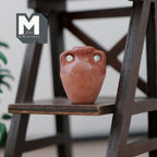 1:12 scale miniature clay amphora vase in plum shape with two handles and clear coat top, shown on a dark wood stand