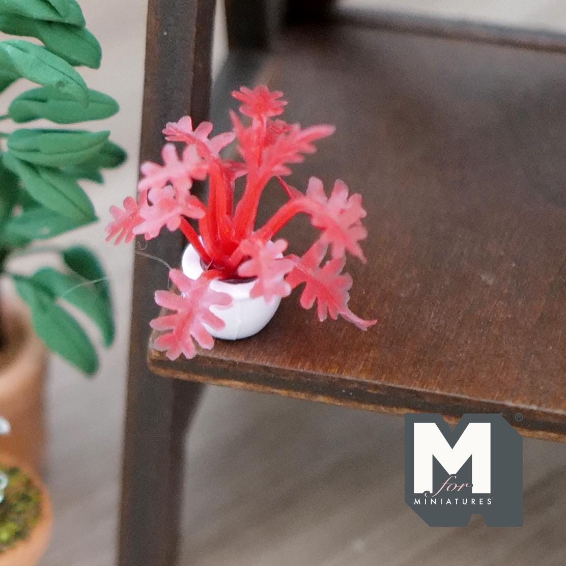 1:12 Scale Miniature Potted Spiky Leaf Plant in White Pot, 1-5/16 inch tall, DIY Dollhouse Supply (red)