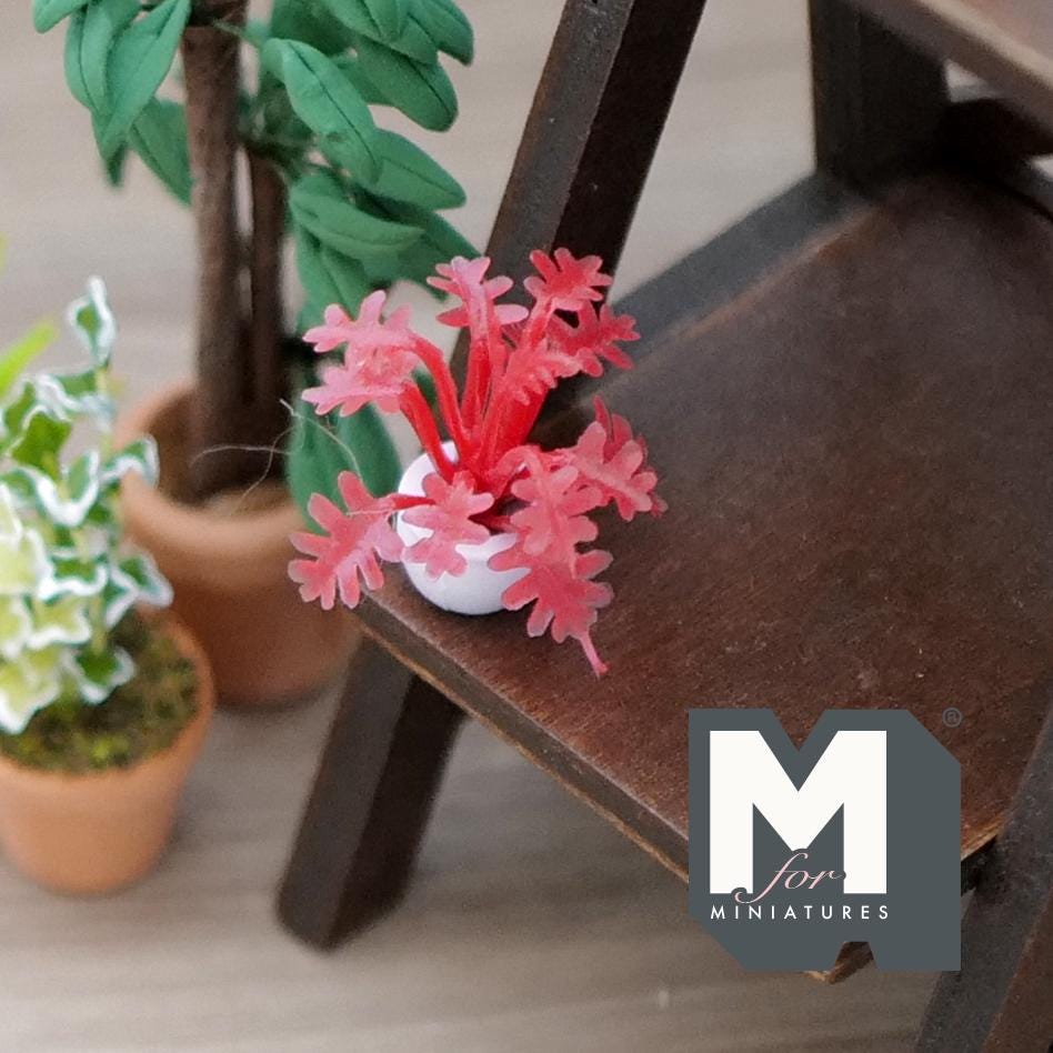1:12 Scale Miniature Potted Spiky Leaf Plant in White Pot, 1-5/16 inch tall, DIY Dollhouse Supply (red)