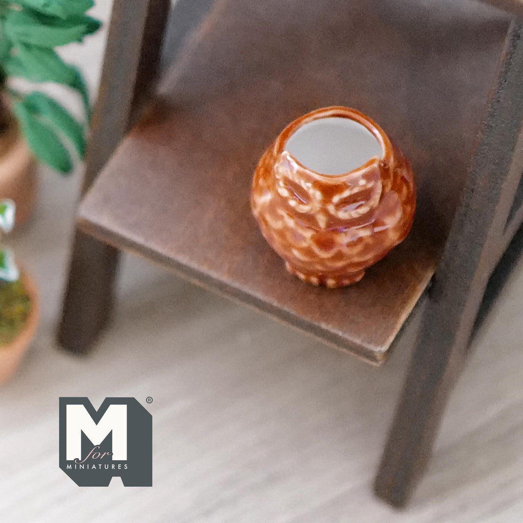 1:12 Scale Miniature Clay Owl Shaped Flower Pot, Patterned, 1 inch tall, DIY Dollhouse Supply (brown and white)