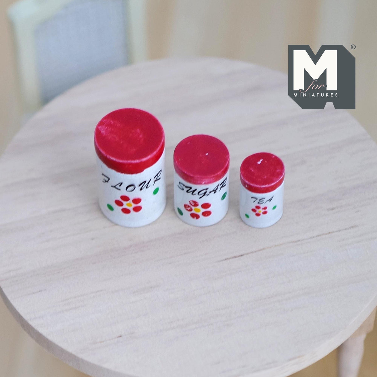 1:12 Scale Miniature Wood Kitchen Jars with Fixed Lids, Floral Print, Set of 3, 9/16 to 7/8 inch tall, DIY Dollhouse Supply (white and red)