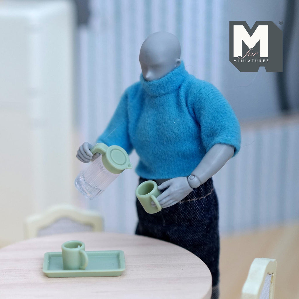 1:12 Scale Miniature Pitcher and Mugs with Tray, Set of 4, 7/8 inch tall, DIY Dollhouse Supply (green)