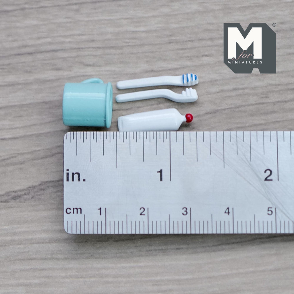 1:12 Scale Miniature Toothbrushes, Toothpaste and Rinse Cup, Set of 4, DIY Dollhouse Supply (aqua)
