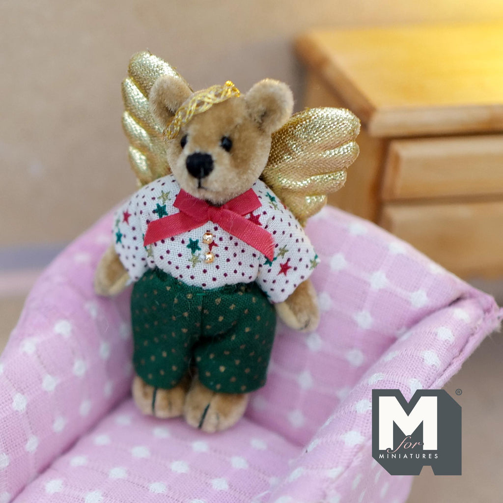 1:12 Scale Miniature Plush Bear with Golden Angel Wings, Movable Limbs, 2-1/2 inch tall, DIY Dollhouse Supply