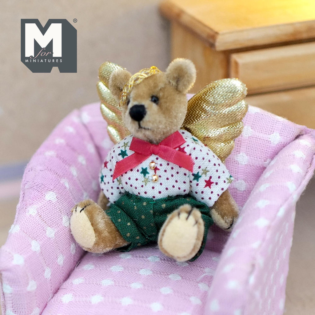 1:12 Scale Miniature Plush Bear with Golden Angel Wings, Movable Limbs, 2-1/2 inch tall, DIY Dollhouse Supply