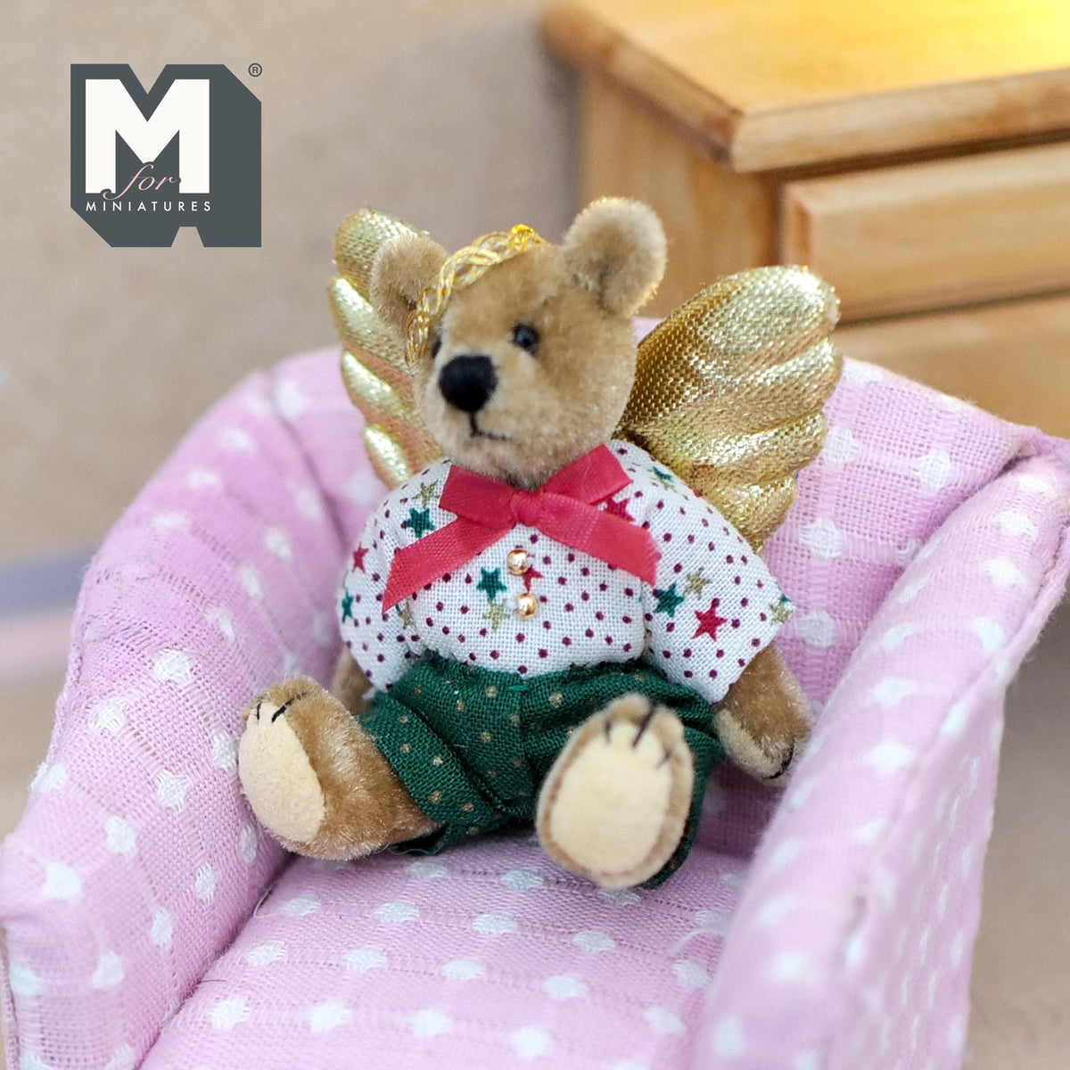 1:12 Scale Miniature Plush Bear with Golden Angel Wings, Movable Limbs, 2-1/2 inch tall, DIY Dollhouse Supply